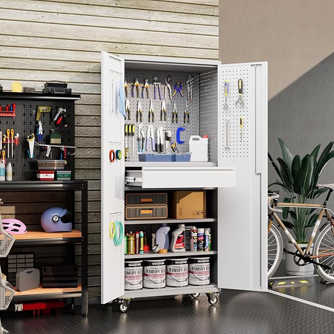 Metal Garage Storage Cabinet with Wheels and Lockable Doors, 71" H Rolling Tool Cabinet with Pegboard,Hooks and Drawer for Garage Warehouse Home,Required Assembly,Grey and White