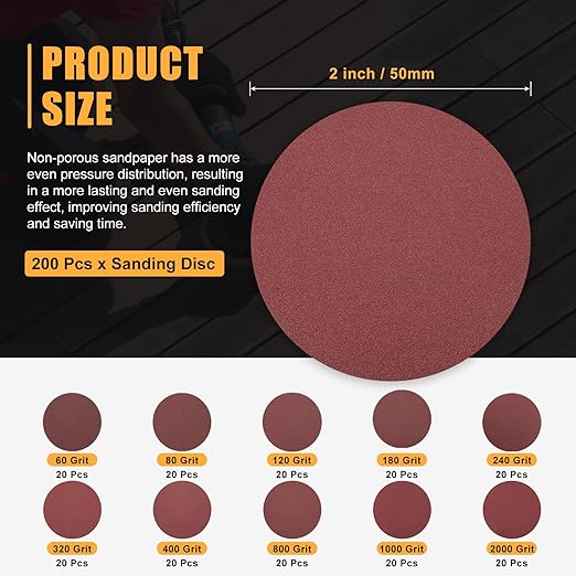 200 Pcs 2 Inch Sanding Disc 60/80/120/180/240/320/400/800/1000/2000 Grit Round Hook and Loop Sandpaper for Random Orbital Sander Automotive Car