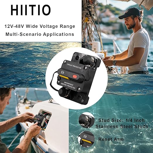 40 Amp Marine Circuit Breaker, IP67 Waterproof Manual Reset Switch, 12V-48V DC Circuit Breaker, 3/8" Studs, for Boat Trolling Motor/Marine ATV/Battery/Solar System, Suface Mount (40A)