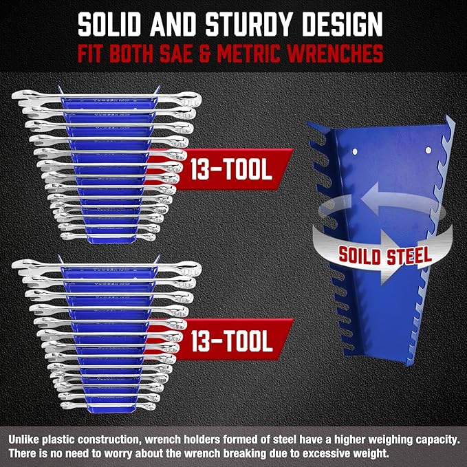 ALOANES 52-Slot Metal Wrench Organizer, Heavy Duty Wrench Organizer Tray for Tool Box, Fit SAE & Metric Wrench Storage, 4 Pack Wrench Holders(Blue)