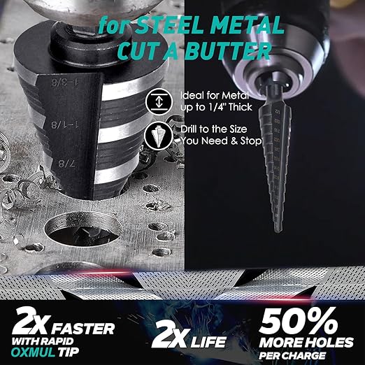 Step Drill Bit for Metal, 1-3/8" to 7/8", Drill Bit Set for SS, Hard Metal, Wood, HEX Shank, 3-Steps. #207