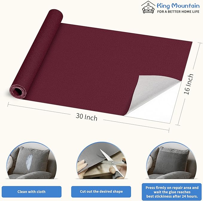 KING MOUNTAIN Canvas Repair Patch 16×30 Inch Self-Adhesive Waterproof Fabric Patch for Sofas, Tents, Furniture,Tote Bags, Car Seats (Burgundy)