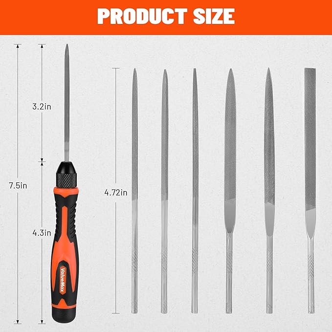 ValueMax 7PCS Interchangeable Needle File Set, Small File Set Includes Flat, Flat Warding, Round, Half-Round, Square, Triangular File and A Handle, Suitable for Shaping Metal, Wood, Jewelry, Plastic
