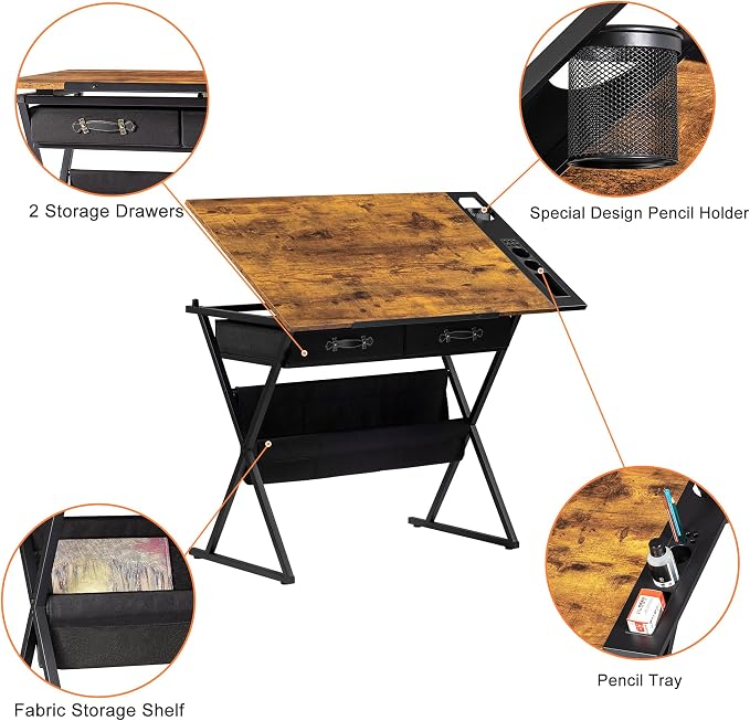 VECELO Drafting Table Art Desk Art Table Adjustable Drawing Table Tilted - Image 8
