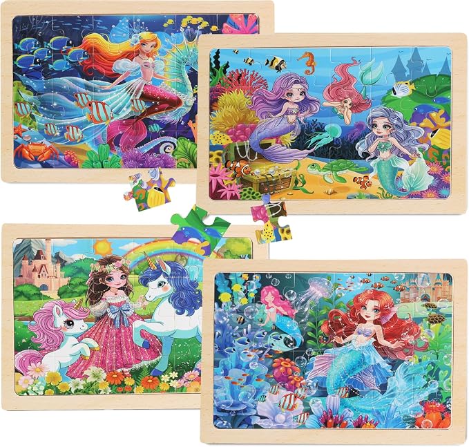 Wooden Puzzles for Kids Ages 4-6, 4 Packs 24 PCs Unicorn Mermaid Princess Fairy - Image 3