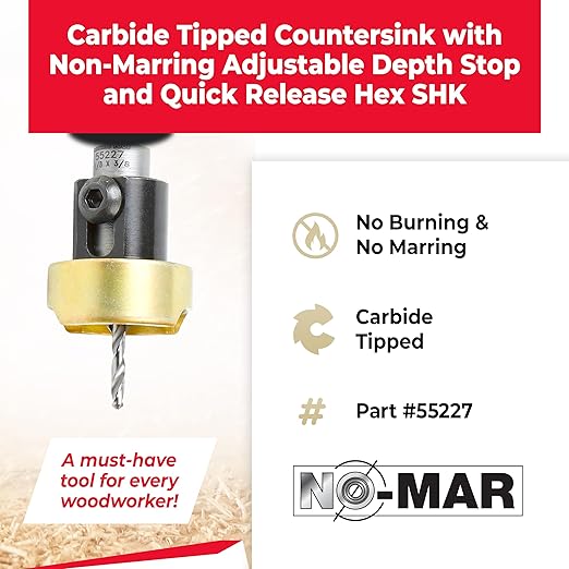 Amana Tool 55227 Carbide Tipped 82 Degree Countersink Set with Adjustable Drill Bit Depth Stop and No-Thrust Ball Bearing 3/8 Dia x 1/8 Drill Dia x 1/4 Inch Quick Release Hex Shank