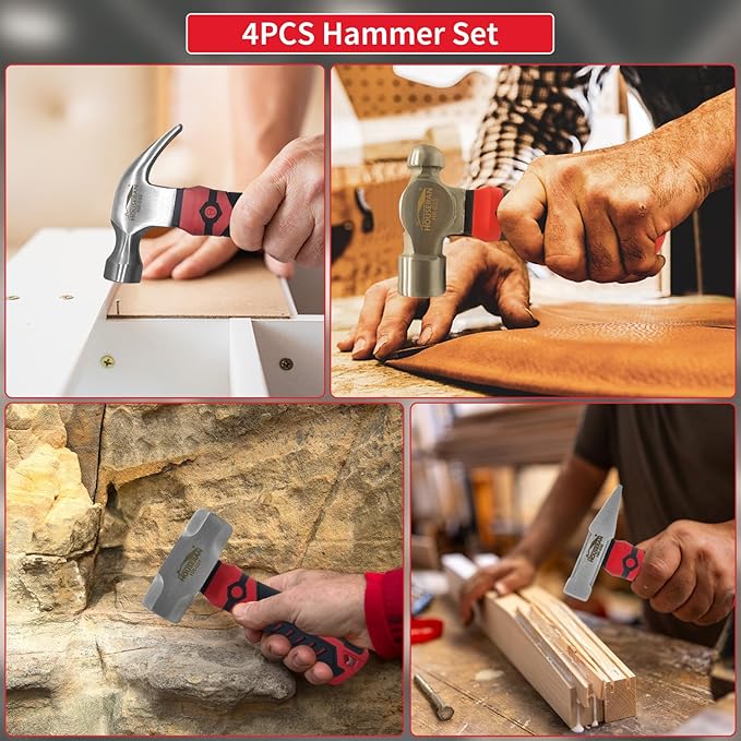 4-Piece Hammer Set - 13oz Ball Peen, 12oz Claw, 1.24lb Mini Sledge, 13.7oz Blacksmith Hammer