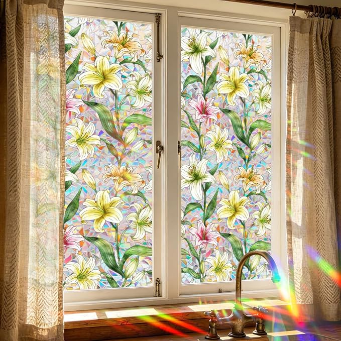 Lily Stained Glass Window Film Privacy, Rainbow Window Film Decorative Static - Image 8