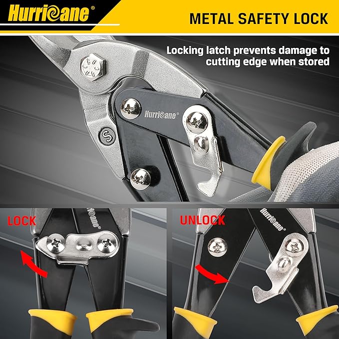 HURRICANE 3 pc Aviation Tin Snips Set, Metal Cutter Shear for Cut Sheet Metal, Chrome Vanadium Steel, Straight Left and Right, Ergonomical TyreGrip Handle with Hang Hole and Safety Latch