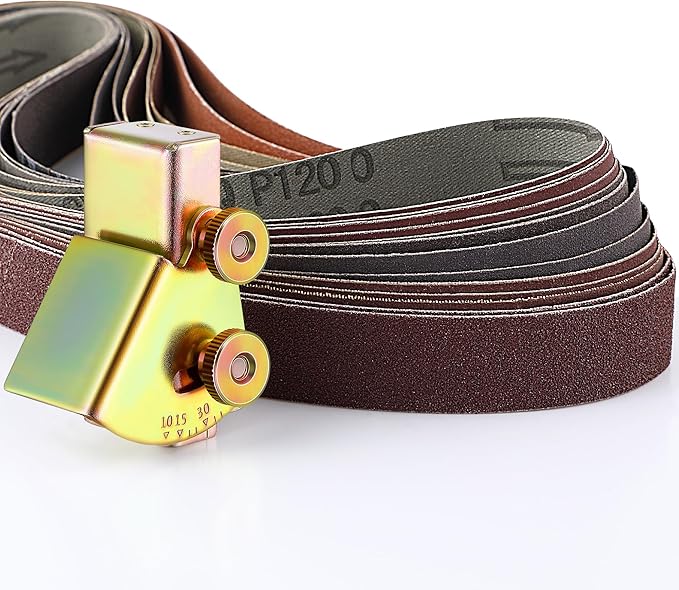 Feekoon Assorted 12 Pack of 1x30 Sanding Belts, with Adjustable Knife Sharpening Angle Guide for 1 x 30 Belt Sander, Knife Sharpening Jig Angles from 10 to 45