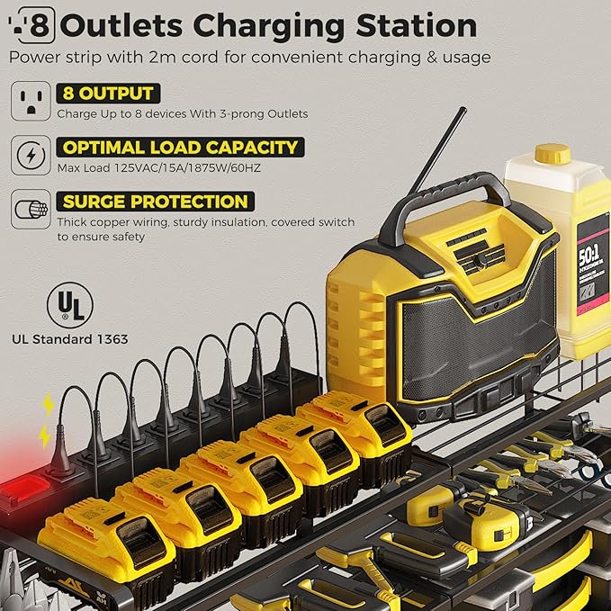 ‌Heavy Duty 4-Layer Power Tool Organizer Wall Mount with 8 Outlet Power Strip- Holds 8 Cordless Drills, 400lbs Capacity Metal Garage Storage Rack‌