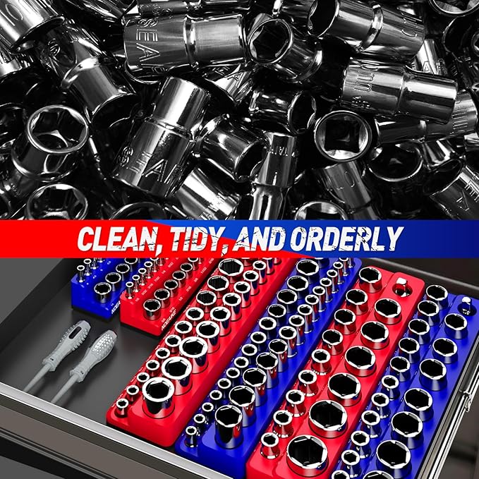 1/4 Inch Magnetic Socket Organizer, NOEAIKE 2-Pack Metric &SAE Socket Holder Set 1/4" Drive Socket Trays, Holds 52 Pcs Standard and Deep Size Sockets(Socket not Included)