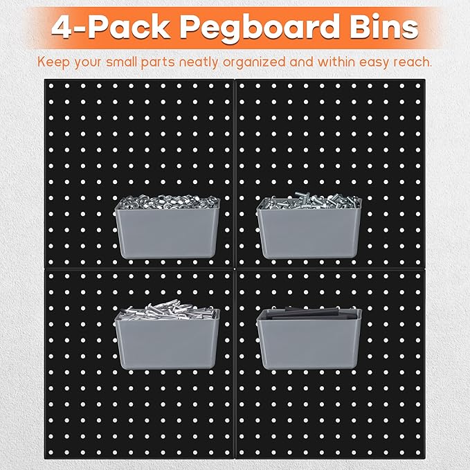 88 PCS Pegboard Panels Metal Black with Accessories Kit, Heavy Duty Steel Peg Boards Wall Tool Organizer with Screw, Bins, Hooks, Peg Locks for Garage, Tool Storage, Office, Craft Room, Kitchen