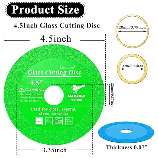 Lamoutor 12Pcs 4.5 Inch Glass Cutting Disc for Angle Grinder, Diamond Saw Blade, Tile Cutter Blade for Cutting Marble Glass Tile Jade Crystal（Green/Blue/Yellow/Black/Red/Orange）