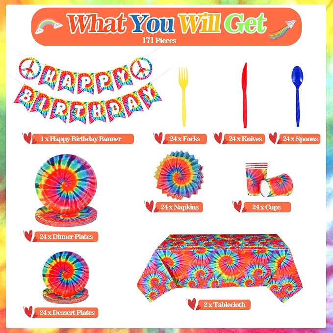 Yaomiao 171 Pcs Tie Dye Tablecloth Birthday Decorations Tie Dye Party Tableware - Image 2