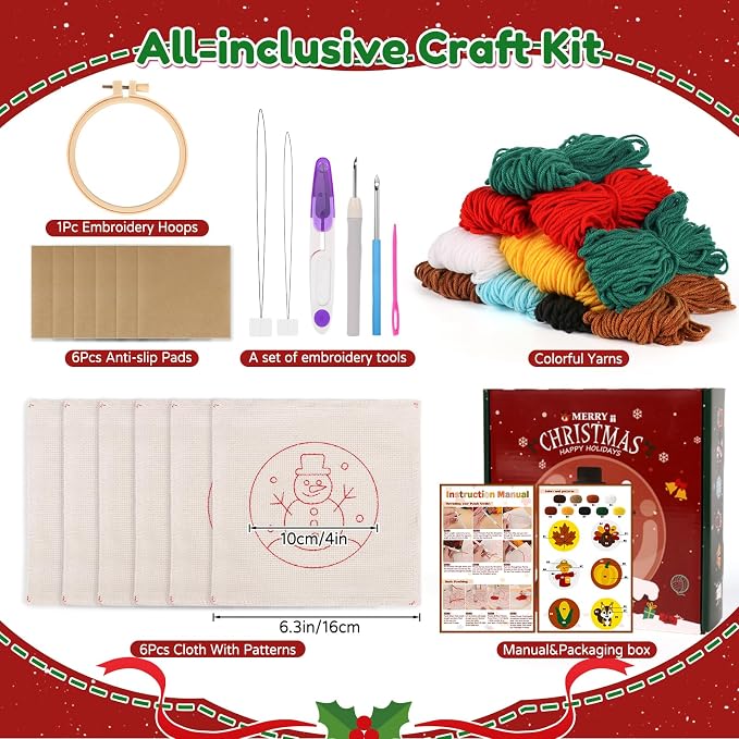Sukhumvit 6PCS Christmas Punch Needle Coaster Kit, Beginners Punch Needle Set - Image 2