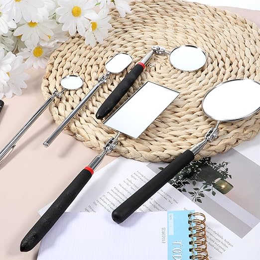 5 Pieces Retractable Mechanical Mirror Tool Telescoping Inspection Mirror Set 360 Rotation Mirrors Inspection Tool Stainless Steel Mirrors for Check Observe Vehicle, Car, Eyelashes, Small Parts