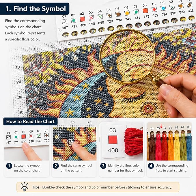 WYBQFDJ Sunflower Sun & Moon Beginner Cross Stitch Kit, 11.8 x 15 in | - Image 3