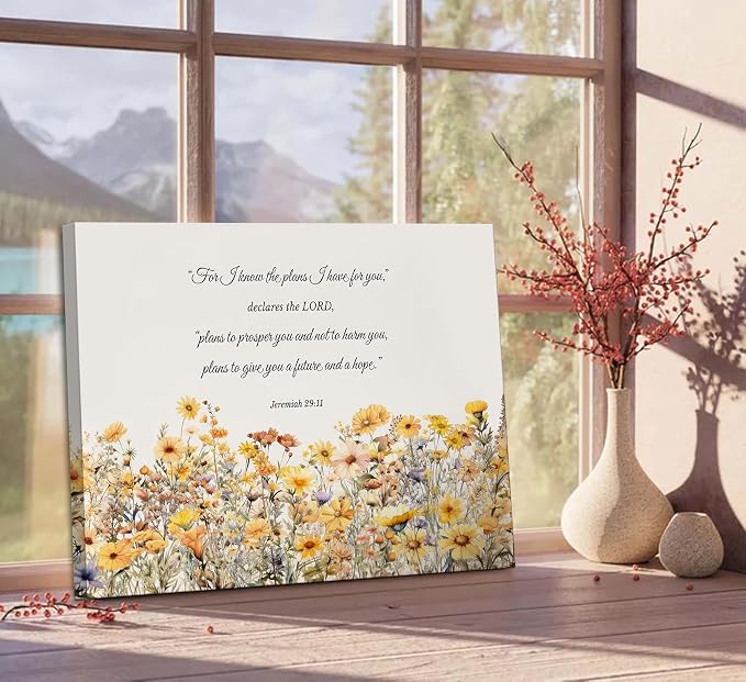 YOXORDQ Christian Floral Canvas Wall Art Jeremiah 29:11 Picture Print Yellow - Image 2