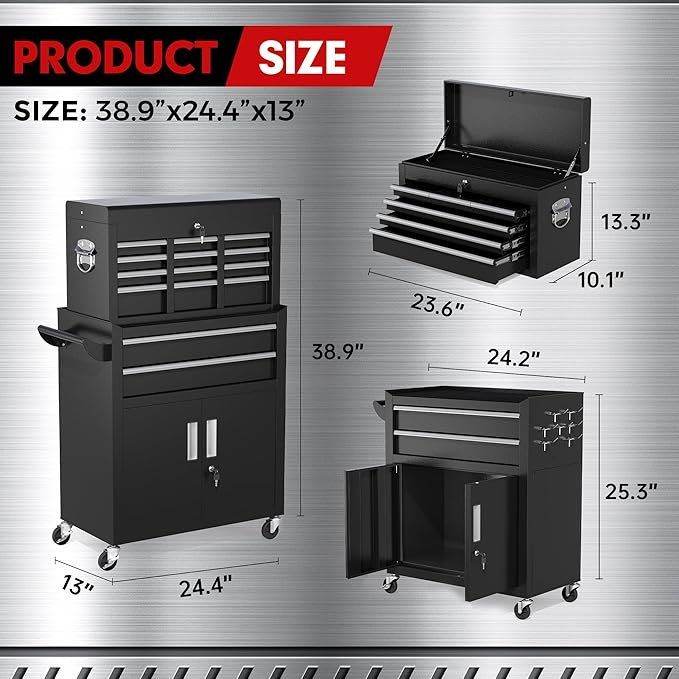 INTERGREAT Rolling Tool Chest with Wheels and 8 Drawers, Detachable Large Tool Cabinet with Lock for Garage, Locking Mechanic Tool Cart with Black Liner for Warehouse, Workshop, High Capacity