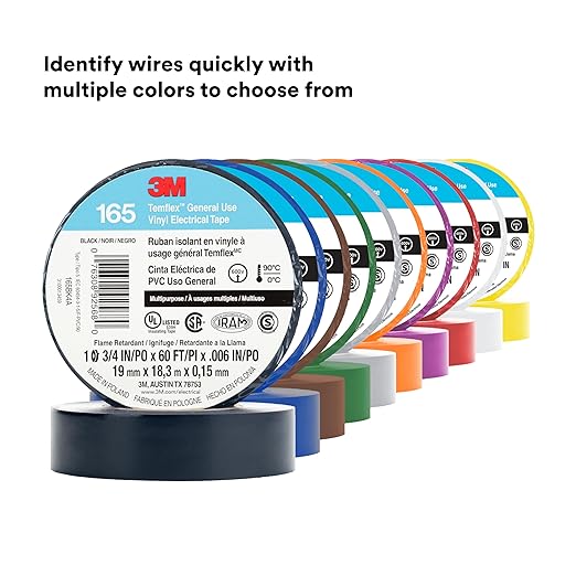 3M Temflex Multi-Purpose Vinyl Electrical Tape 165, Blue, 3/4 in x 60 ft (19 mm x 18 m), 10 Roll Pack