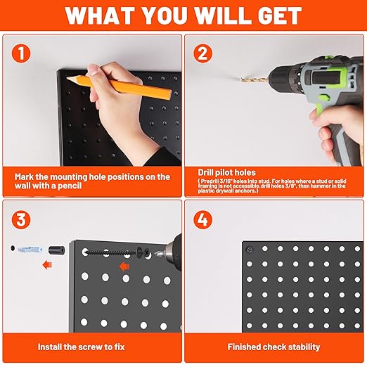 ValueMax 6 Pack Metal Pegboard Panels, 12”x 12” Heavy Duty Metal Pegboard Wall Organizer for Home, Garage, Workbench, Kitchen, Craft Room Tool Storage, Black Modular Peg Board Organizer Board
