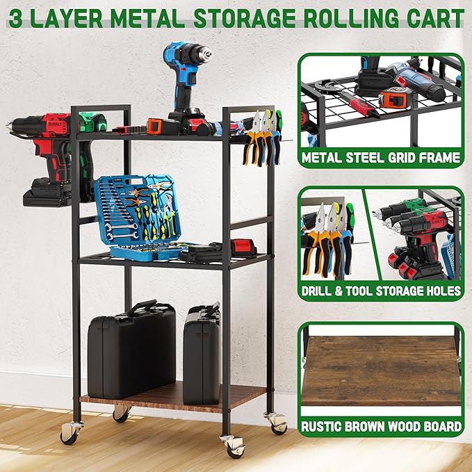 ULIBERMAGNET Power Tool Storage Organizer Cart, Metal Open Tool Rack Cart with Wheels,Heavy Duty Rolling Utility Storage Drill Rack Shelf for Garage, Shed, Yard Tool Holder, Basement,Gift Ideas
