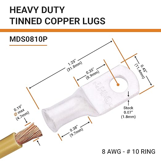SELTERM 25pcs 8 AWG #10 Stud Marine Grade Tinned Copper Battery Cable Lugs, 8 Gauge Ring Terminals, UL Wire Lugs Electrical Battery Cable Ends, Tinned Copper Lugs Battery Terminal Connectors