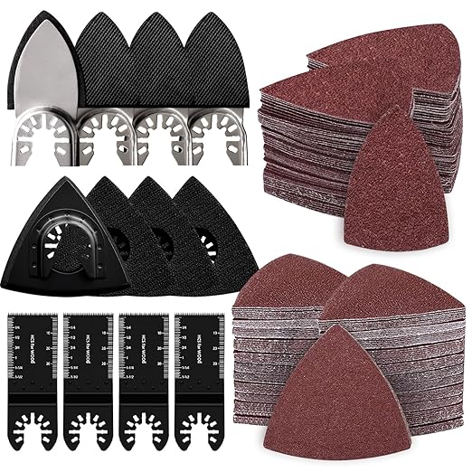 162pcs Oscillating Tool Sanding Pads Kit, 4pcs Triangle Sanding Pads, 4pcs Finger Sanding Pad and 4pcs Multi Tool Blades, 150pcs Multitool Sandpaper Set, Fit for Finishing Wood Sanding
