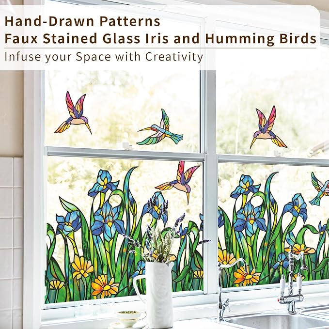 Original Hand Drawn Iris Faux Stained Glass Window Border Film, Watercolor - Image 2