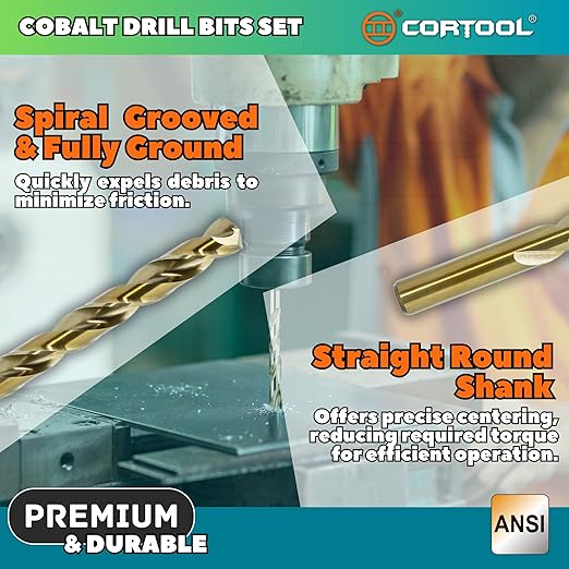 5/16 inch Cobalt Drill Bits (12Pcs), M35 HSS Metal Jobber Length Twist Drill Bit Set for Hard Metal, Stainless Steel, Iron, Copper, Aluminium, Brass, Plastic & Wood
