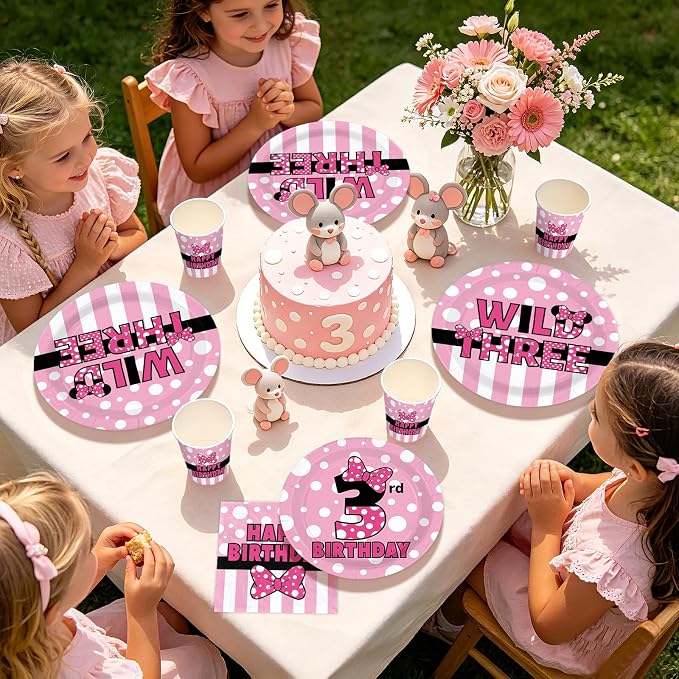 168Pcs Pink Mouse 3rd Birthday Decorations, Serves 24 | Wild Three Birthday - Image 7