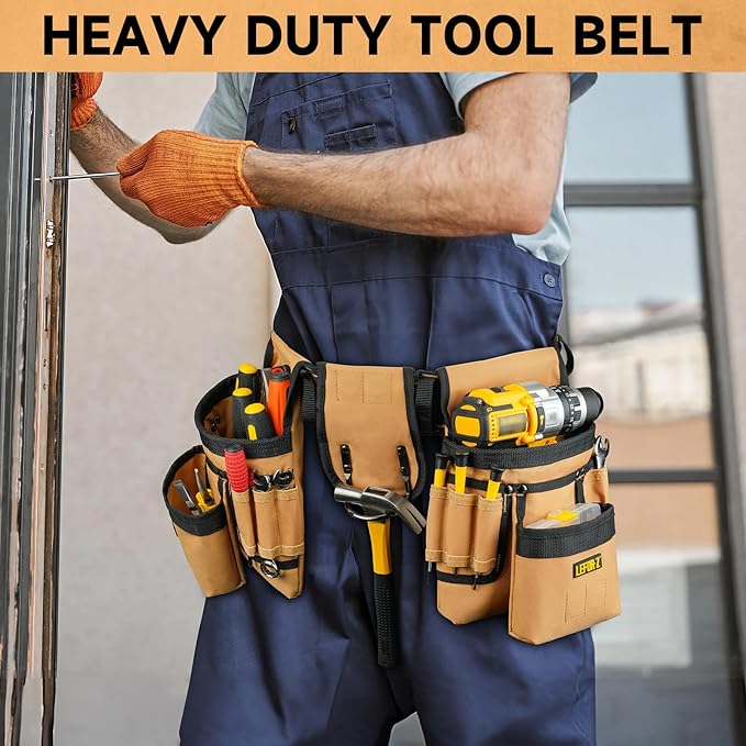 Tool Belt,Magnetic Tool Pouch,27-Pockets Heavy Duty Padded Tool Belts for Men,Detachable & Adjustable Tool Pouch Bag for Electrician,Carpenter,Construction,Work Apron,Utility Belt,Black,Brown
