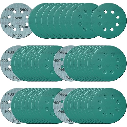 5 Inch 8 Hole Sanding Discs, 50 Pcs Wer Dry Sandpaper 400 Grit Hook and Loop Green Polyester Film Backed Sanding Disc for Random Orbital Sander Wood Car Metal Plastic (400 Grit, 50 Pack)