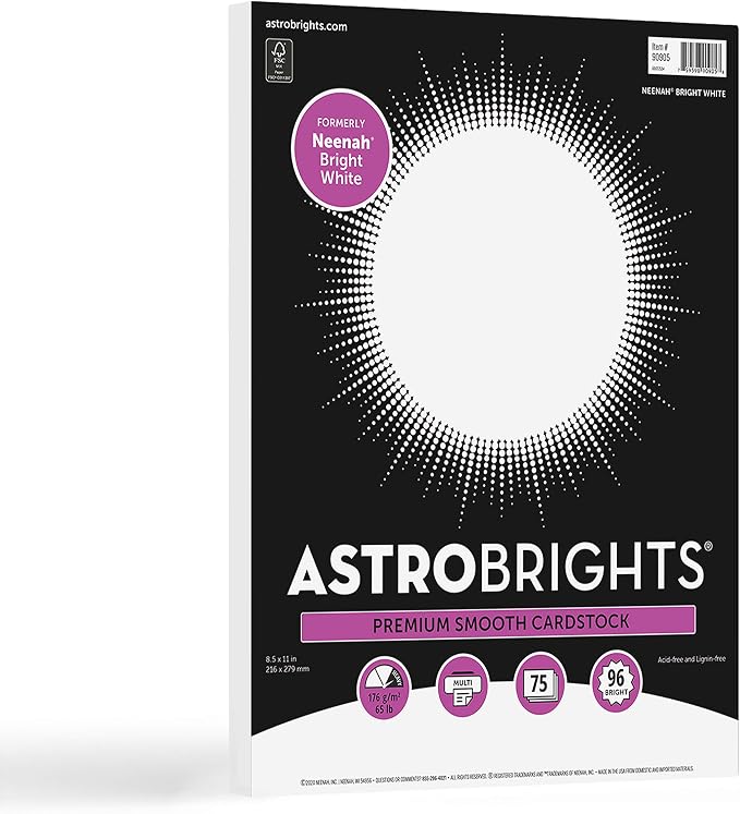 Astrobrights/Neenah Bright White Cardstock, 8.5" x 11", 65 lb/176 gsm, 75 Sheets by Astrobrights