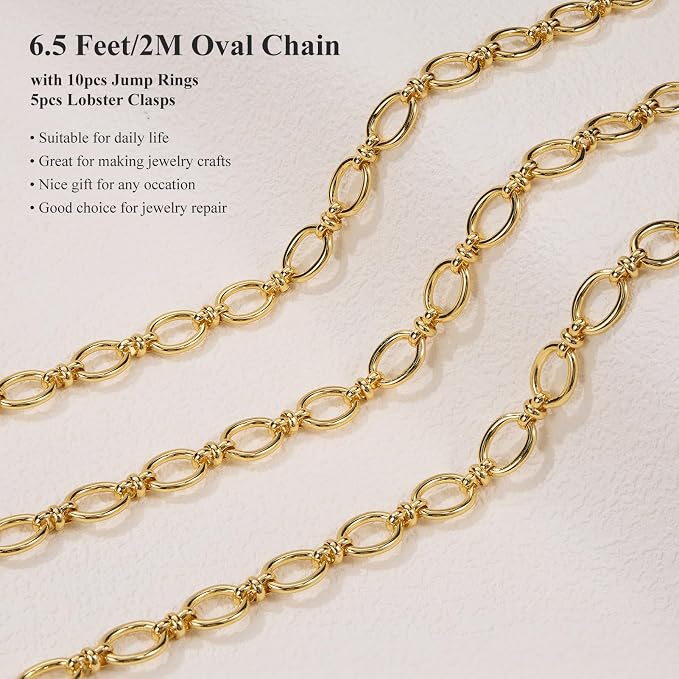 6.5 FT Bright Gold Chains for Jewelry Making Oval Circle Chain Link | Stainless - Image 3