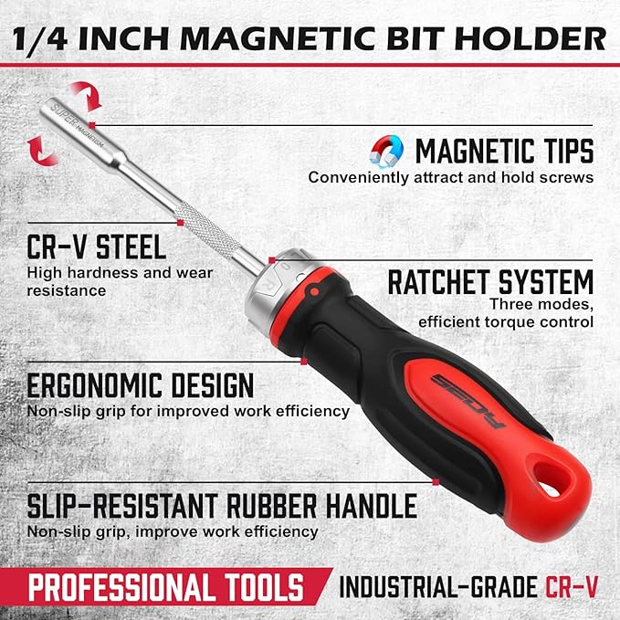 1/4″ Magnetic Ratcheting Screwdriver, Durable Bit Holding Screwdriver With Non-Slip Handle 220mm Long Multi Tip Screwdrivers Ratchet Bits Driver Ergonomic Cushion Grip For Garage & Daily Repair