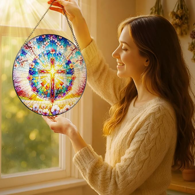 8 Inches Cross Stained Glass Suncatcher, Stained Glass Window Hanging, - Image 2