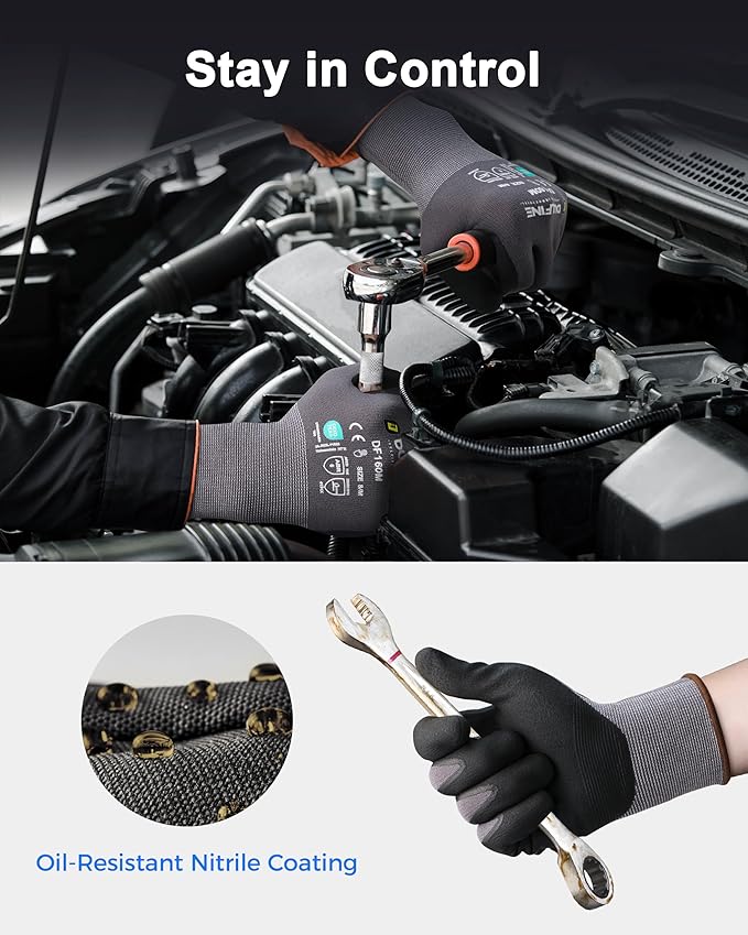 DULFINE Safety Work Gloves MicroFoam Nitrile Coated-3 Pairs Pack,Seamless Knit Nylon Glove with Black Micro-Foam Nitrile Grip,Ideal for General Purpose,Automotive,Home Improvement,Painting(XX-Large)