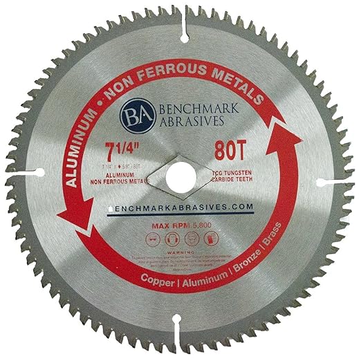 Benchmark Abrasives TCT 7-1/4 Inch Circular Saw Blade, Tungsten Carbide Tipped Non Ferrous Metal Cutting Saw Blades for Cutting Plastic, Fiberglass, PVC, Aluminum Cutting Blade - ‎(7-1/4" - 80 Teeth)