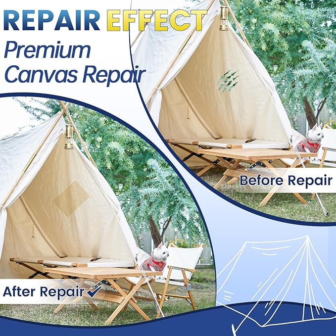 Self-Adhesive Canvas Repair Tape, 8.3" x 11" Waterproof Canvas Repair Patch, Fabric Patch Repairs Kit for Furniture, Tents, Sunbrellas, Boat Covers Awnings, Couches, Clothes, Bags Beige&White