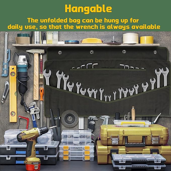 Heavy-Duty 32-Pocket Wrench Roll-Up Organizer - Made with 16 oz. Waxed Canvas, Fits Metric & SAE Wrenches, Perfect for Mechanics, DIYers, and Tool Storage (Army Green)