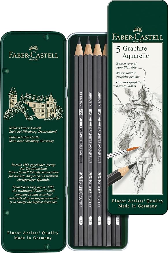Faber-Castell 5 Piece Quality Water-Soluble Graphite Aquarelle Pencils in a Tin by Faber-Castell