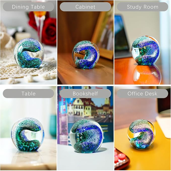 QFkris 3'' Hand Blown Glass Ocean Waves Ball Figurine, Glass Art Bubble Waves - Image 8