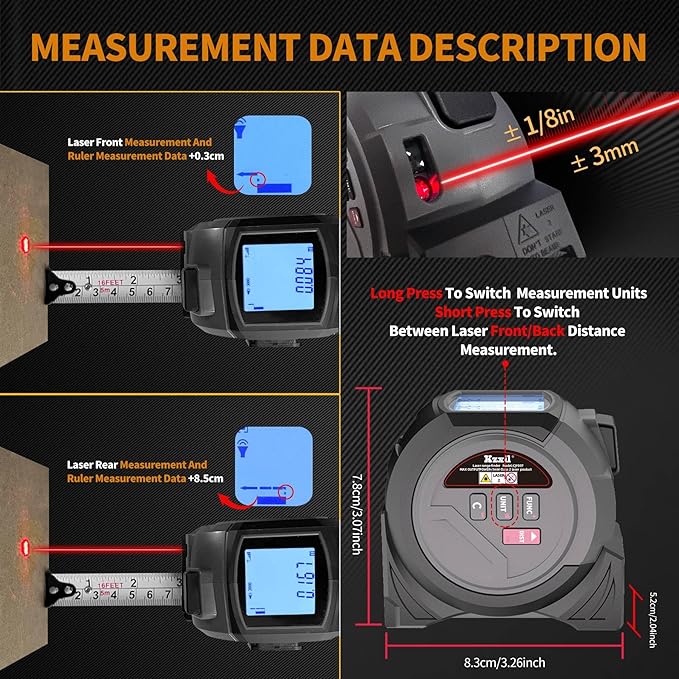 Laser Tape Measure 3-in-1 131ft Laser Measuring Tape & 16ft Woodworker Tape Measure & Crosshair, Area, Volume, Ft/Ft+in/in/M Unit Support for Decorating Architecture DIY Furniture