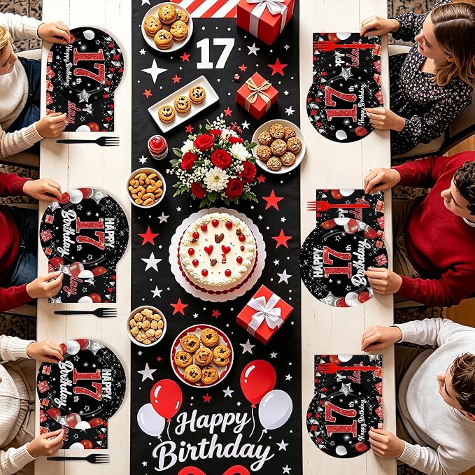 96Pcs Red and Black Party Decorations Happy 17th Birthday Plates and Napkins - Image 7