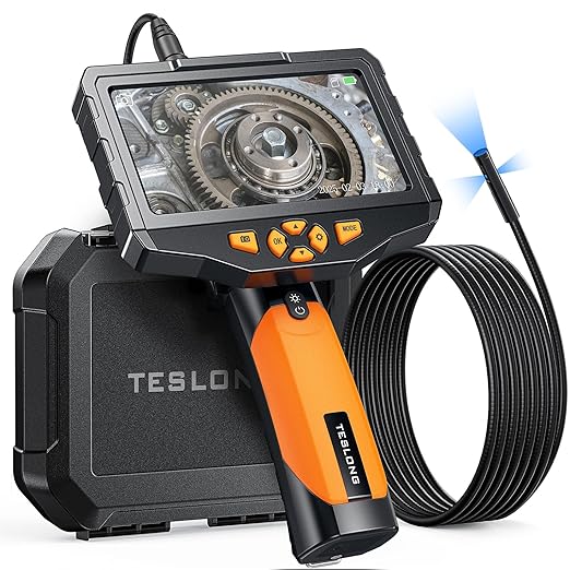 Triple Lens Borescope Inspection Camera, Teslong Professional Endoscope with Light, Digital Video Scope Camera, 5" IPS Screen, Waterproof Flexible Cable for Automotive/Home/Wall/Pipe/Car (10FT)