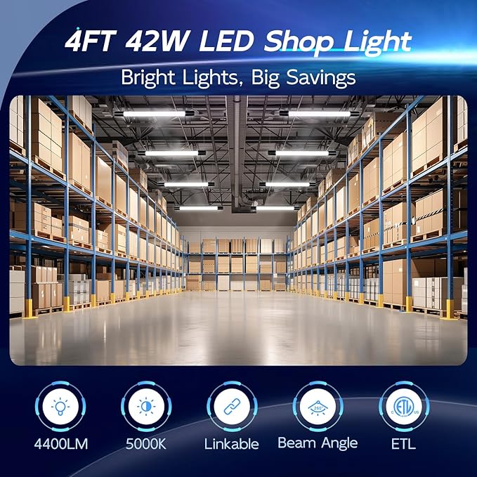 hykolity 2 Pack 4FT Linkable LED Shop Light for Garage, 4400lm, 4FT 42W, 5000K Daylight LED Workbench Light Fixture with Plug, Hanging or Surface Mount, Black - ETL
