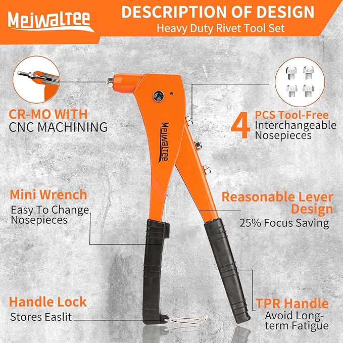 Meiwaltee Rivet Gun with 200PCS Rivets and 4 Drill Bits, Professional Aluminum Alloy Riveter, Heavy Duty Pop Manual Riveting Tool with 4 Interchangeable Heads for Metal, Wood and Plastic