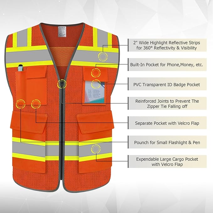 TCCFCCT High Visibility Vest 5 Pockets Mesh Reflective Safety Vest for Men Women, Hi Vis Work Vest with Reinforced Zipper and Fluorescent Orange Edge, Durable to Use, Meets ANSI/ISEA, DW-Orange, 2XL